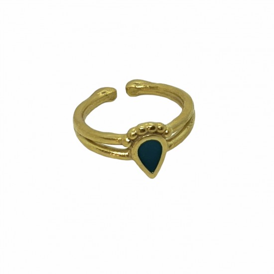 Brass ring in tear shape with green enamel RINGS